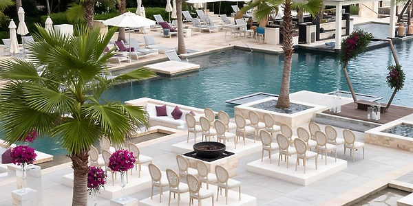 Energy Dry Bar terrace wedding setup overlooking the pool at Secrets Riviera Cancun
