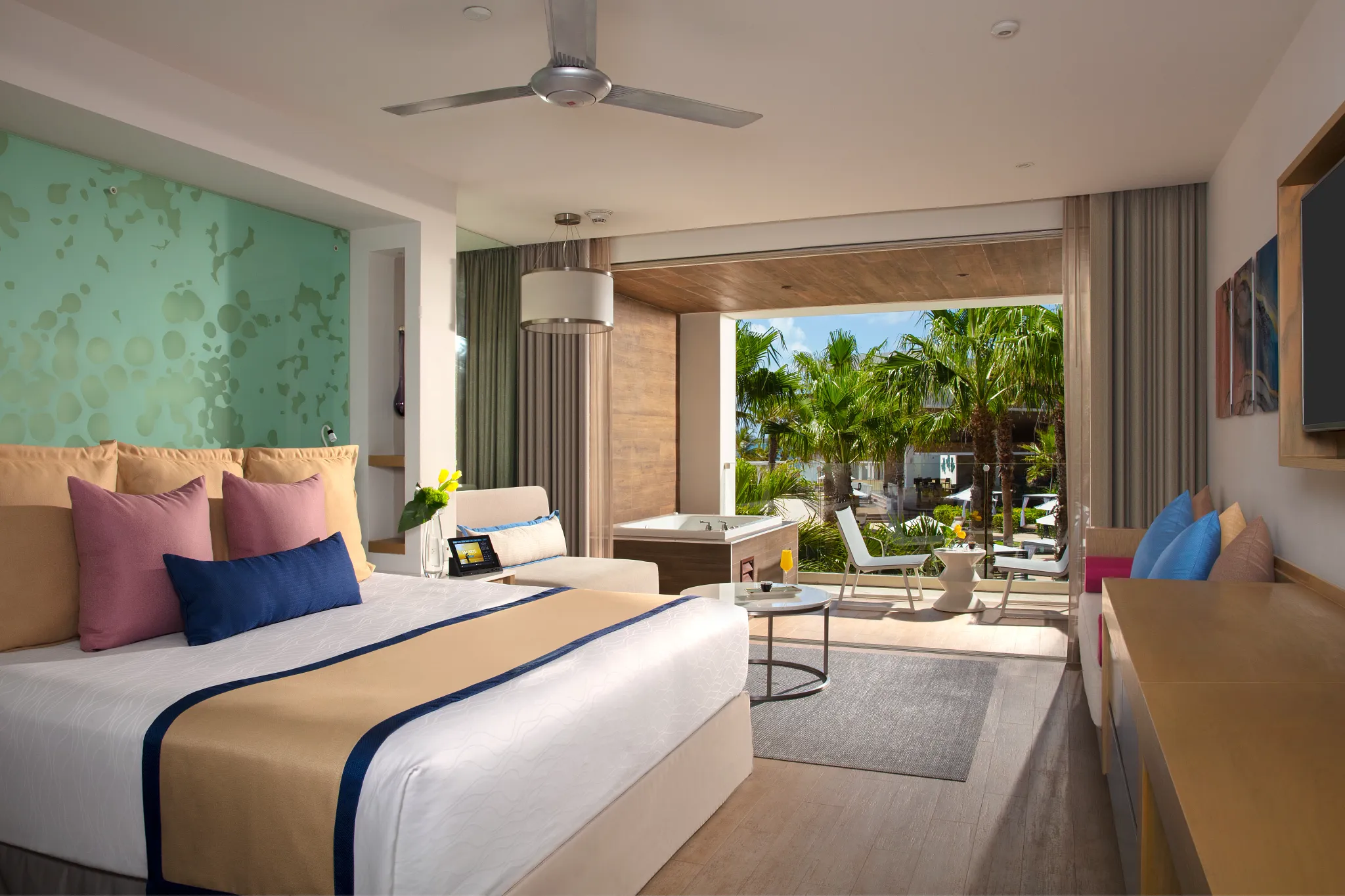 Preferred Club Junior Suite Tropical View bathroom with dual vanity and glass rain shower at Secrets Riviera Cancun Resort.