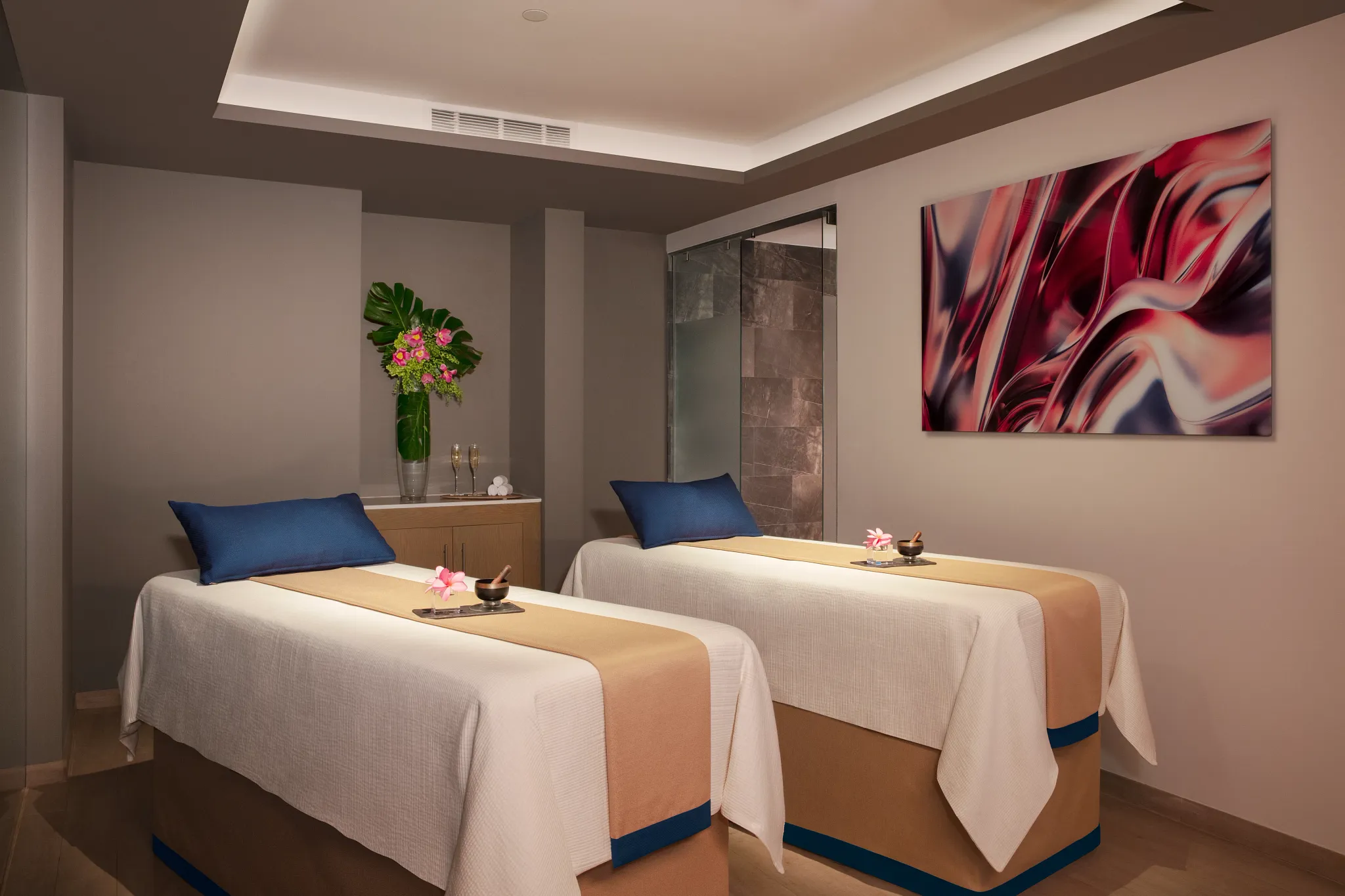 Private massage cabin inside Preferred Club Presidential Suite Ocean Front at Secrets Riviera Cancun.